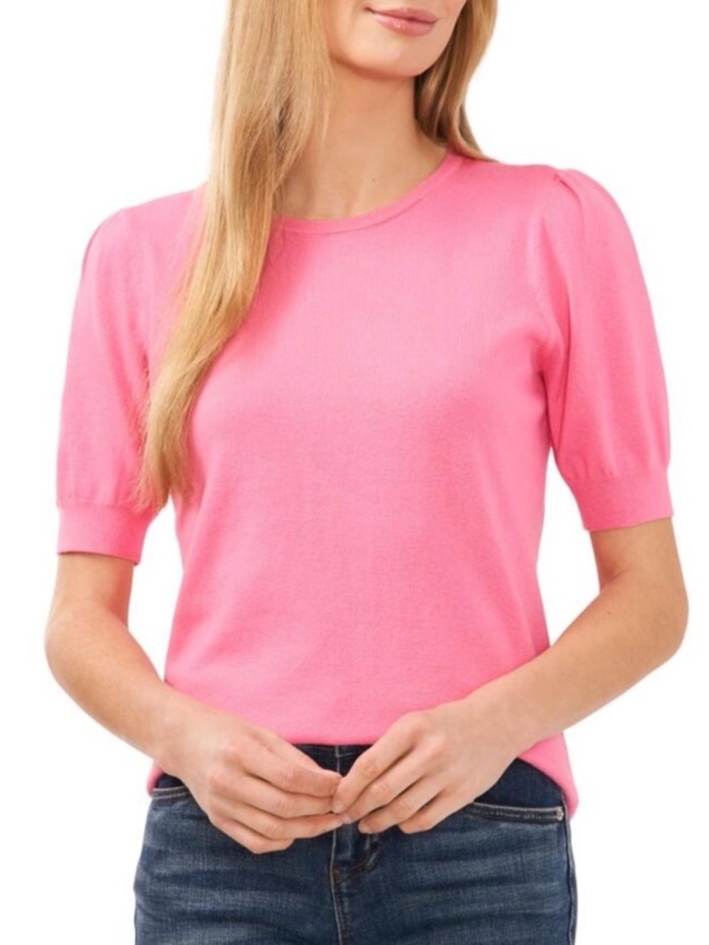 CeCe Sz M Sweater Short Sleeve Crew Neck with Pearl Button